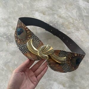 Vintage Genuine Peacock Feather Belt with Gold Hook Closure